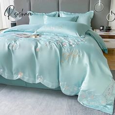 Pisoshare Bedding Set Luxury 120S Pure Egyptian Cotton Exquisite Embroidery Duvet Cover Flat Or Twill Pattern, Embroidered Material, Heart Butterfly, Fitted Bed Sheets, Sleeping In Bed, Flat Bed, Europe Fashion, Pink Bedding, Cozy Bed