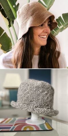 a woman wearing a hat sitting on top of a table