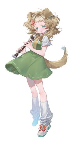 a girl in a green dress holding a baseball bat and wearing red shoes with her hair blowing back