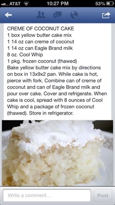 the recipe for coconut cake is displayed on an iphone screen, and it appears to be in english