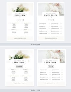 the wedding pricing sheet is shown in three different colors and sizes, with flowers on each side