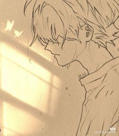 a drawing of a boy with his eyes closed in front of a butterfly on the wall