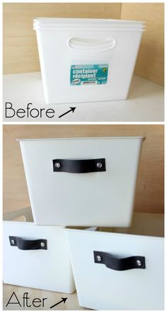 two pictures showing the before and after of a white storage bin