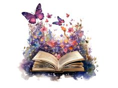 an open book with butterflies flying out of it