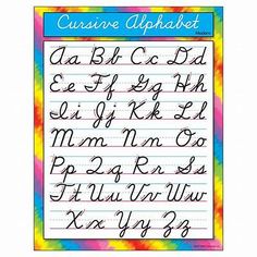 the cursive alphabet is shown in rainbow tie - dyed paper with black ink