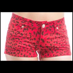 Red Cheetah Denim Shorts. 88% Cotton, 9% Polyester, 3% Spandex. Scene Emo Fashion, Scene Shirt, Scene Outfits, Closed For Maintenance, Scene Fashion, Scene Kids, Scene Emo, Temporarily Closed, Punk Outfits