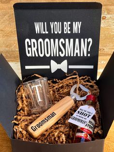 the groomsmen gift box is packed with personalized items for him and her