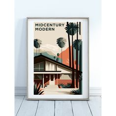 a framed poster with the words midcent modern on it's front and side