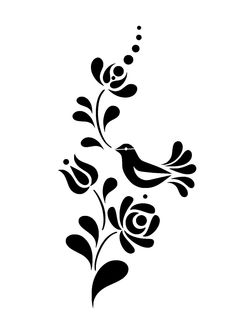 a black and white bird with flowers on it's back side, against a white background