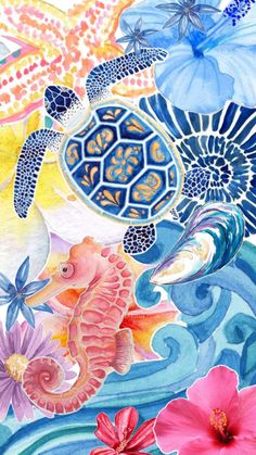 Blue,pink,artsy,collage,ocean,sea creatures Google Pixel Wallpaper, Tropical Ocean, Vibes Art, Christmas Card Art, Collage Poster, Cute Patterns Wallpaper