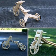 four different pictures of wooden toys on the ground and in front of them are photos of children's tricycles