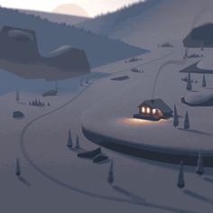 a small house is lit up in the middle of a snowy landscape with trees and mountains