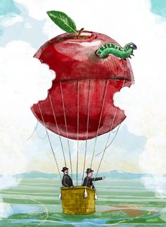 two men are flying in an apple with a caterpillar attached to it