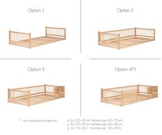 four different types of baby cribs with the names and numbers on each side