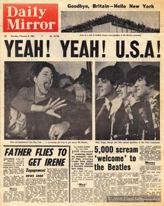 an old newspaper with two pictures of men laughing and the words yeah yeah u s a