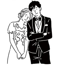 a black and white drawing of a man in a tuxedo standing next to a woman