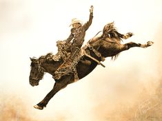 a man riding on the back of a horse while flying through the air with his arms in the air