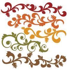 an assortment of decorative designs on a white background, including leaves and swirls in various colors