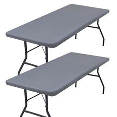 two gray folding tables sitting next to each other on a white background, one is empty