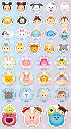 various stickers with cartoon animals and faces on them, all in different shapes and sizes