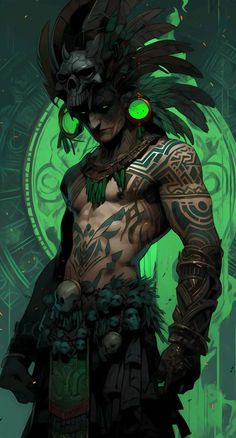 a man with green eyes standing in front of a circular design on his chest and arm