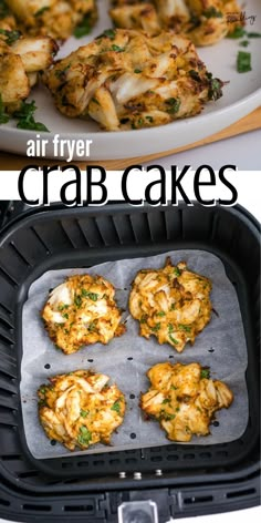 an air fryer with crab cakes in it and the words air fryer crab cakes on