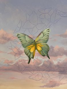 a painting of a green butterfly flying through the air with pink clouds in the background