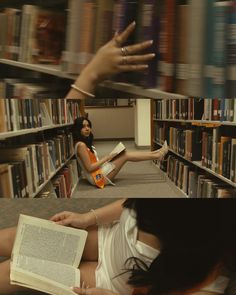 two pictures of a woman sitting on the floor in front of bookshelves and reading