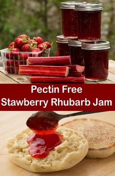 strawberry rhubarb jam is being spread on top of a sandwich with strawberries in the background