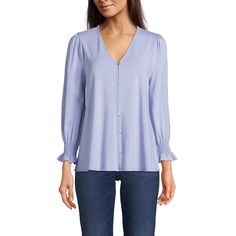 A three-quarter sleeve top is the perfect option for in between seasons. This one has smocking on the sleeves so you can wear it however you like: sleeves down for more coverage or pushed up higher on your arm. The V-neck is flattering but modest and the full button-front closure has a built-in placket underneath to keep your bra from peeking through. The A-line silhouette gives you flattering ease and will look great with anything from jeans to your favorite skirt. 3/4 Sleeve Blouse With Button Closure For Spring, Spring Blouse With 3/4 Sleeves And Button Closure, Spring 3/4 Sleeve Top With Buttons, Fall Blouse With 3/4 Sleeves And Button Closure, Three Quarter Sleeve Tops, Dickies Women, Button Front Top, Hem Style, Front Tie Top