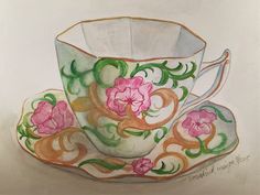 a drawing of a tea cup and saucer with pink flowers on the rim, in pastel