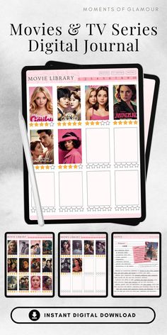 the movies and tv series digital journal is shown on top of a white background with black writing