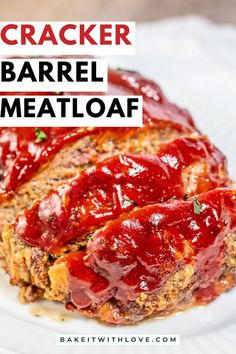 A close-up on a saucy meatloaf with thick glaze sliced on a white platter with text overlayed. Copycat Cracker Barrel Meatloaf, Cracker Barrel Breakfast, Cracker Barrel Meatloaf Recipe, Meatloaf Topping, Best Copycat Recipes, Copycat Cracker Barrel, Cracker Barrel Recipes