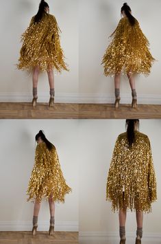 four pictures of a woman wearing a gold sequin dress and high heeled boots