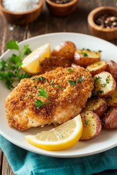 a white plate topped with chicken, potatoes and lemon wedges on top of a wooden table