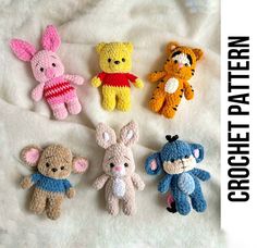 four crocheted stuffed animals sitting on top of a white sheet with the words crochet pattern written below them