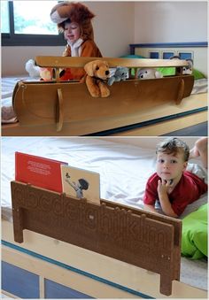 there are two pictures of children in bed with stuffed animals and books on the shelf