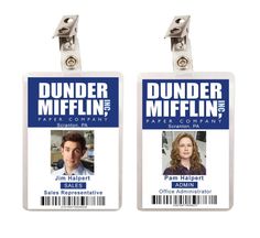 two id badges with the name and image of an office worker in blue on them