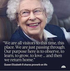 an older woman sitting in the back seat of a car with a quote on it