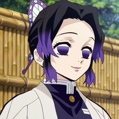 an anime character with purple hair and butterfly wings on her head, looking at the camera