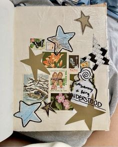 an open book with many different pictures and words on the pages, including star shapes