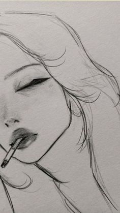 a pencil drawing of a woman's face with her eyes closed and lipstick in her mouth