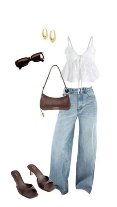 a woman in white shirt and jeans holding a brown handbag next to her purse