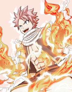 an anime character with pink hair and black eyes, sitting in front of some fire