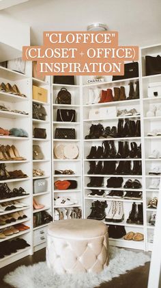 a white closet filled with lots of shoes and handbags next to a shelf full of purses