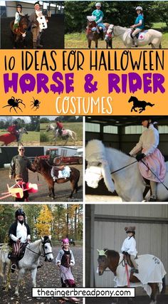 horse and rider costumes for kids with text overlay that reads 10 ideas for halloween, horse and rider costumes