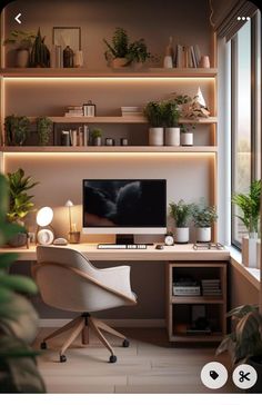 a home office with shelves and plants on the desk