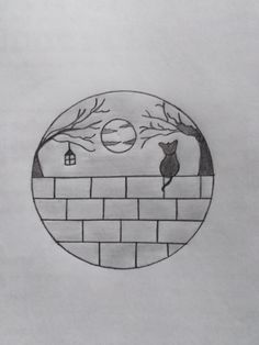 a drawing of a cat sitting on top of a brick wall next to a tree