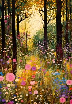 a painting of flowers and trees in the woods