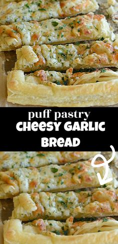 puff pastry cheesy garlic bread is shown in three different views, with the title above it